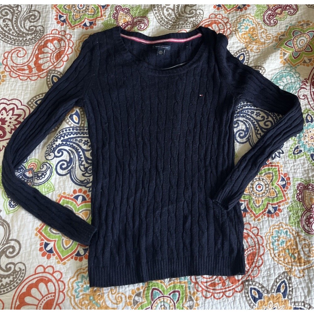 Tommy Hilifiger Wmns Long-Sleeve Cable Knit Sweater Round Neck Navy Blue XS